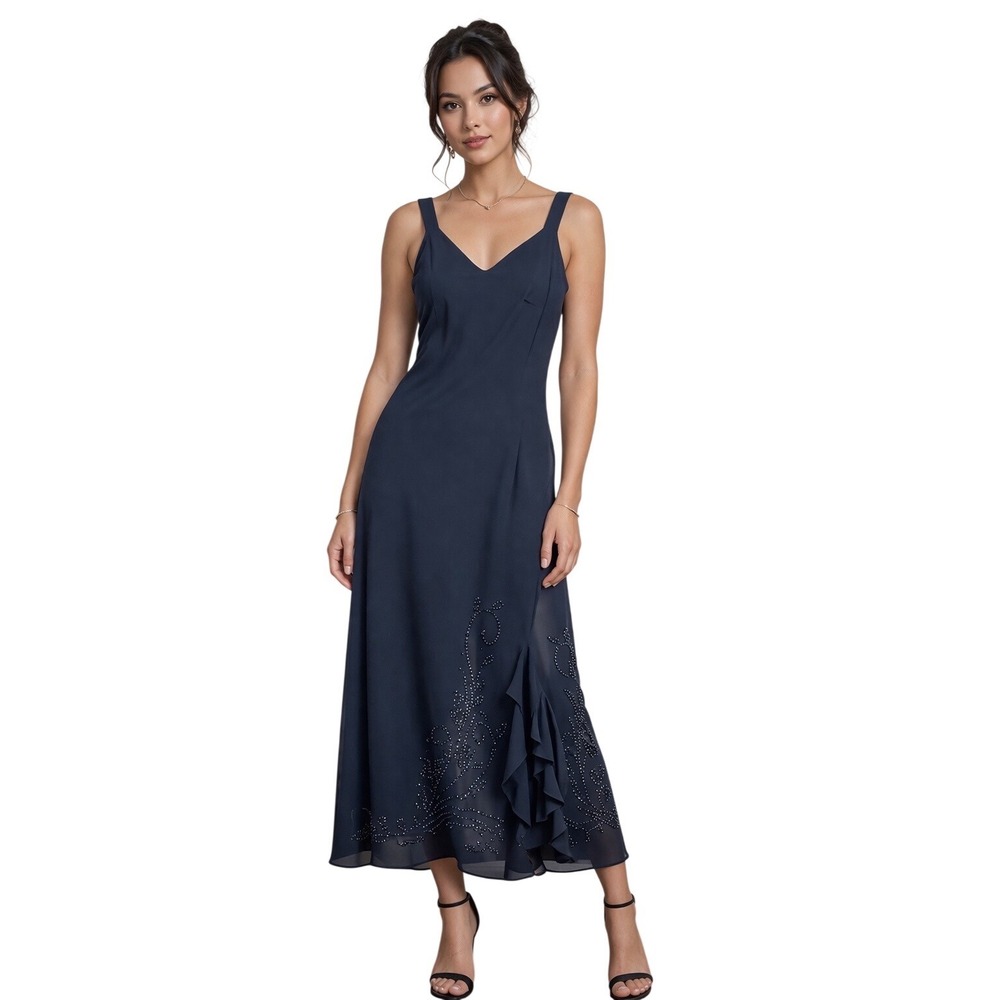R&M Richards Vintage 90s Black Beaded Ruffle Midi Maxi Dress 6P V-Neck‎ Evening